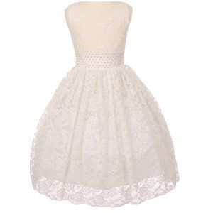 Infant Toddler Girls Lace Dress V Shape Pearl Flowers Girls Floral Dress Ivory